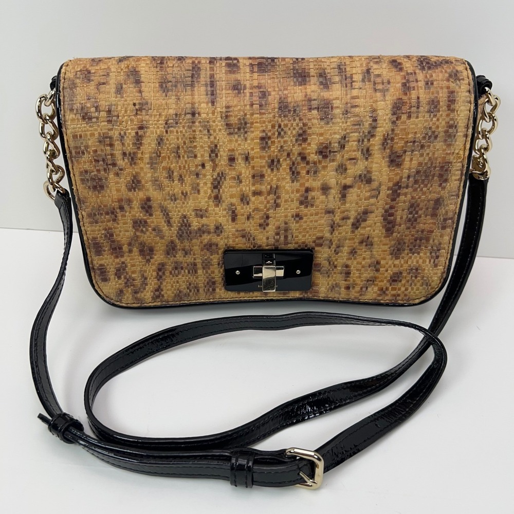 Kate Spade Woven Straw Crossbody Bag Gold Turn Lock Leopard Print Satchel Medium